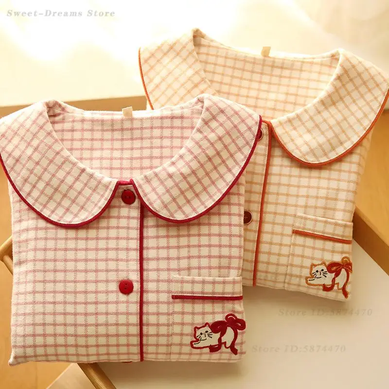 

Комплект пижам из 2 предметов с воротником «Sweet Doll», женская домашняя одежда в клетку с мультяшным принтом, весенне-осенняя пижама с длинным рукавом, повседневная мягкая одежда для сна