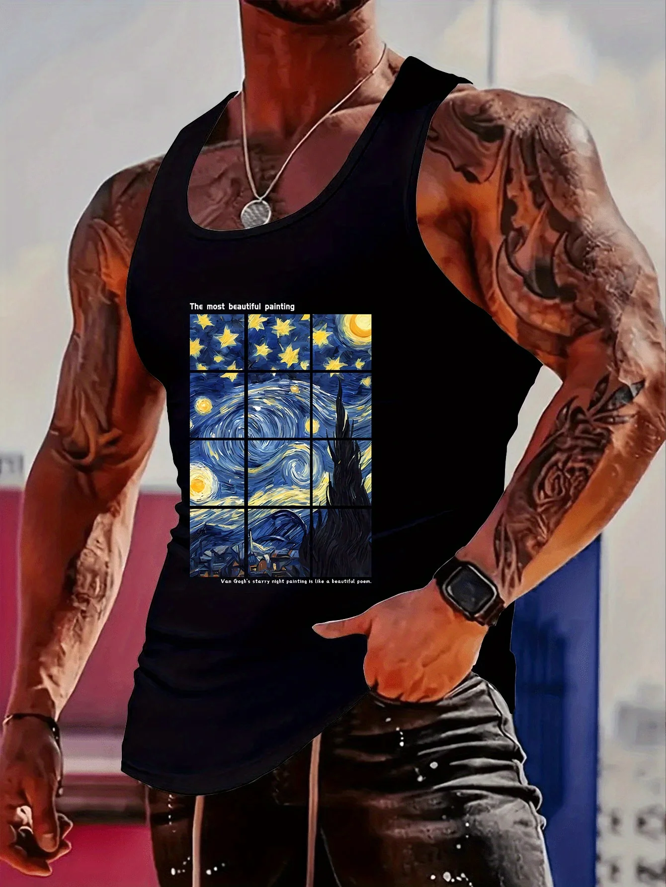Fashionable trend muscular man, simple and creative Van Gogh abstract art, colorful printed tank top - Image 2