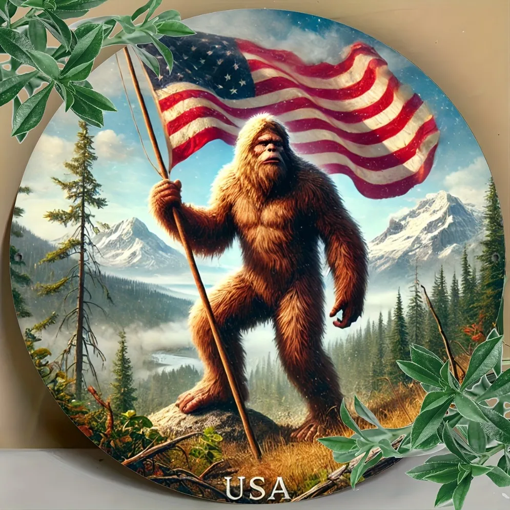 لافتة معدنية Sasquatch أمريكية عتيقة ثنائية الأبعاد - طباعة مستديرة ثنائية الأبعاد، فن جداري مقاوم للماء والغبار للمنزل