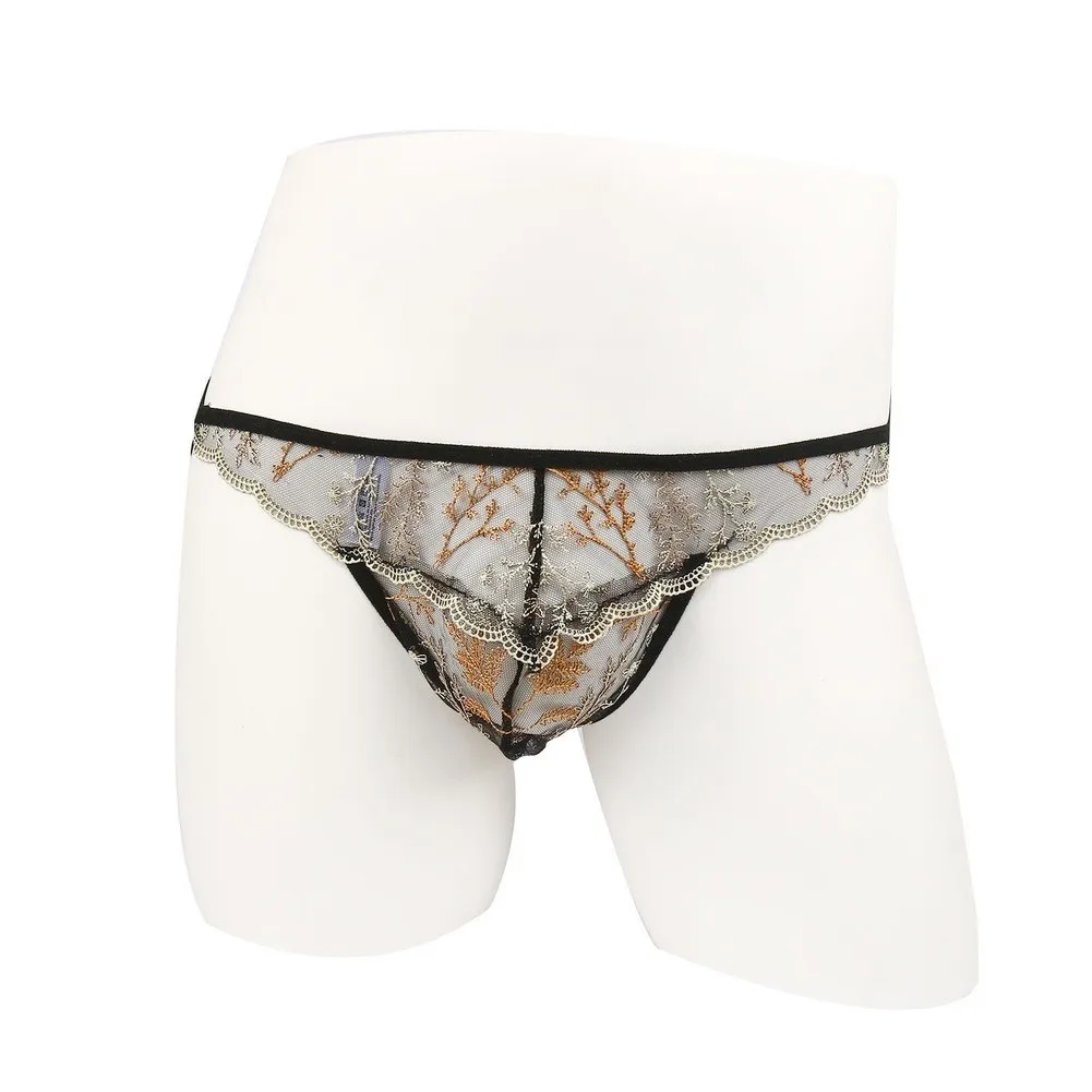 1PC Men's Mesh Floral Embroidered Lace G-String Hollow Out Underwear Low-waist Thongs See Through Printing Panties