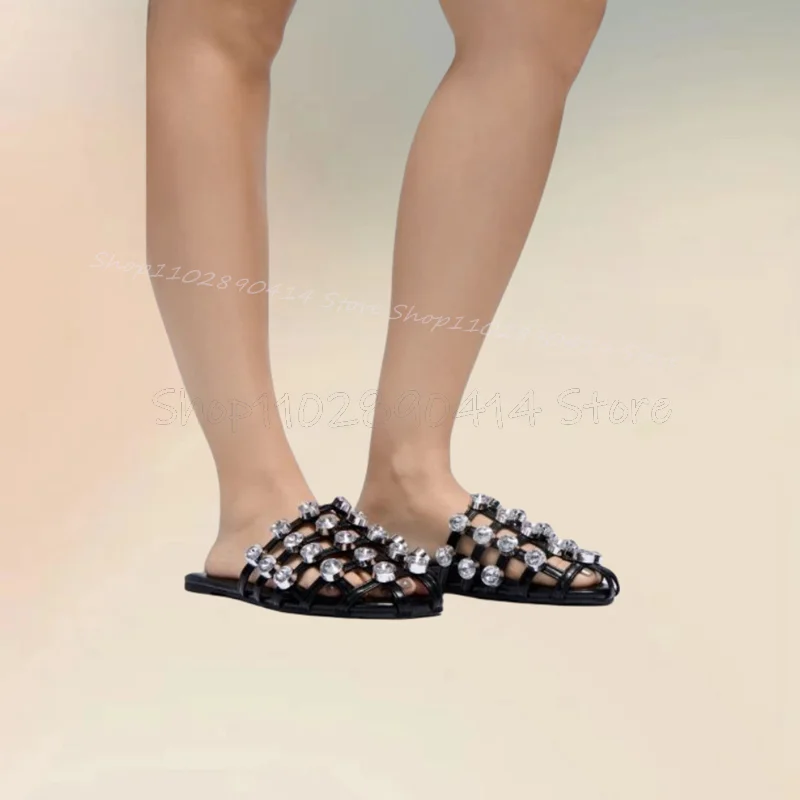 

Crystal Decor Black Hollow Design Round Toe Slippers Slip On Women Shoes Low Top Fashion Party Feast 2025 Zapatos Para Mujere
