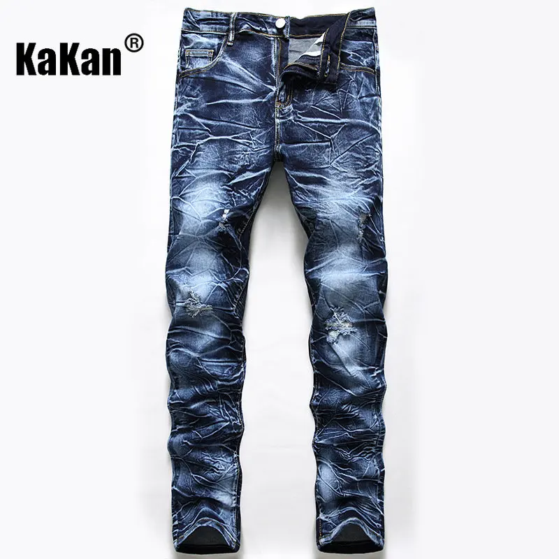 Kakan - European and American New Deep Blue Perforated Jeans for Men, Worn Out Stretch Trendy Straight Length Jeans K36-613