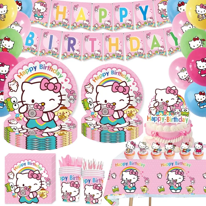 Kitty Disposable Anime Figure Party Sanrio Happy Birthday Hello Kitty Tableware Plate Napkins Toy Girl Baby Shower Kids Gift