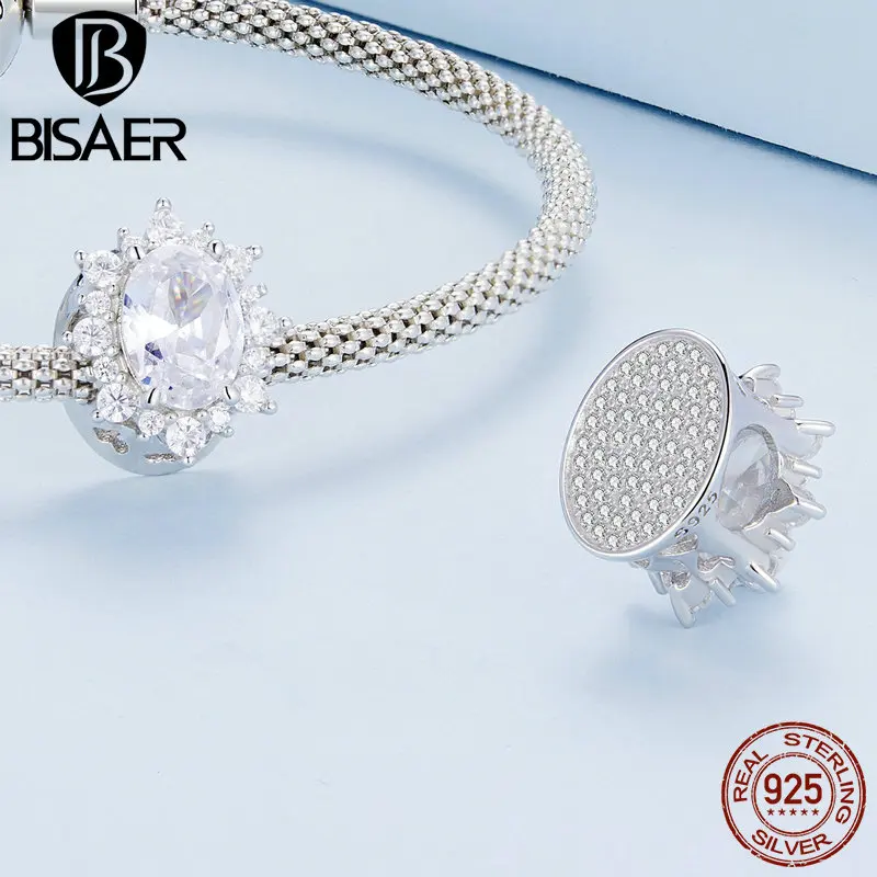 BISAER 925 Sterling Silver Pavé Setting Zircon Charm Bead Plated Platinum for Wedding Women DIY Bracelet Necklace Fine Jewelry