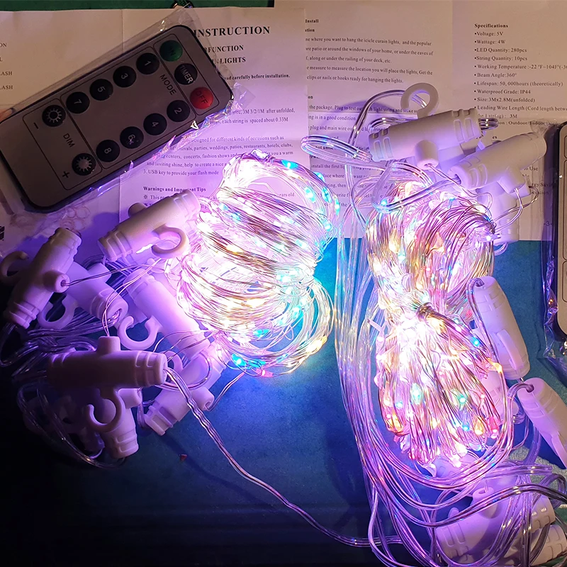 침실 반짝임 무지개 7 색 LED 조명 파티 결혼식을위한 원격 제어 벽 장식과 LED 요정 커튼 라이트