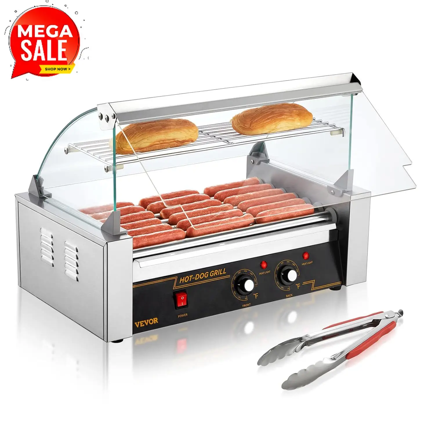 Hot Dog Roller 7 Rollers 18 Hot Dogs Capacity 1050W Stainless Sausage Grill Cooker Machine with Dual Temp Control Glass Hood Acr