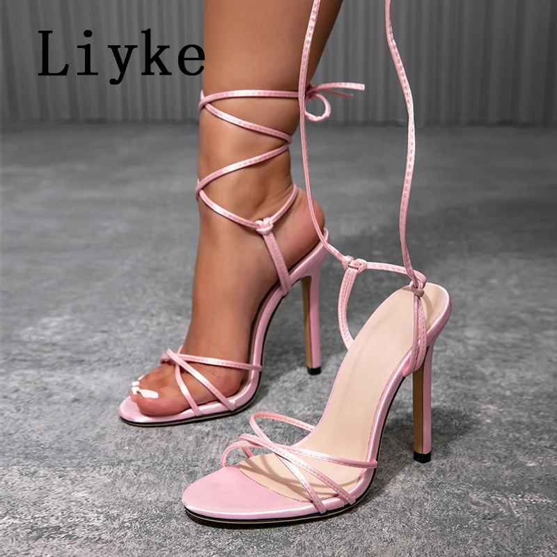 Liyke Elegant Party Sandals Female Pink Silk Narrow Band Open Toe Ankle Cross Lace Up High Heels Stiletto Wedding Shoes Women