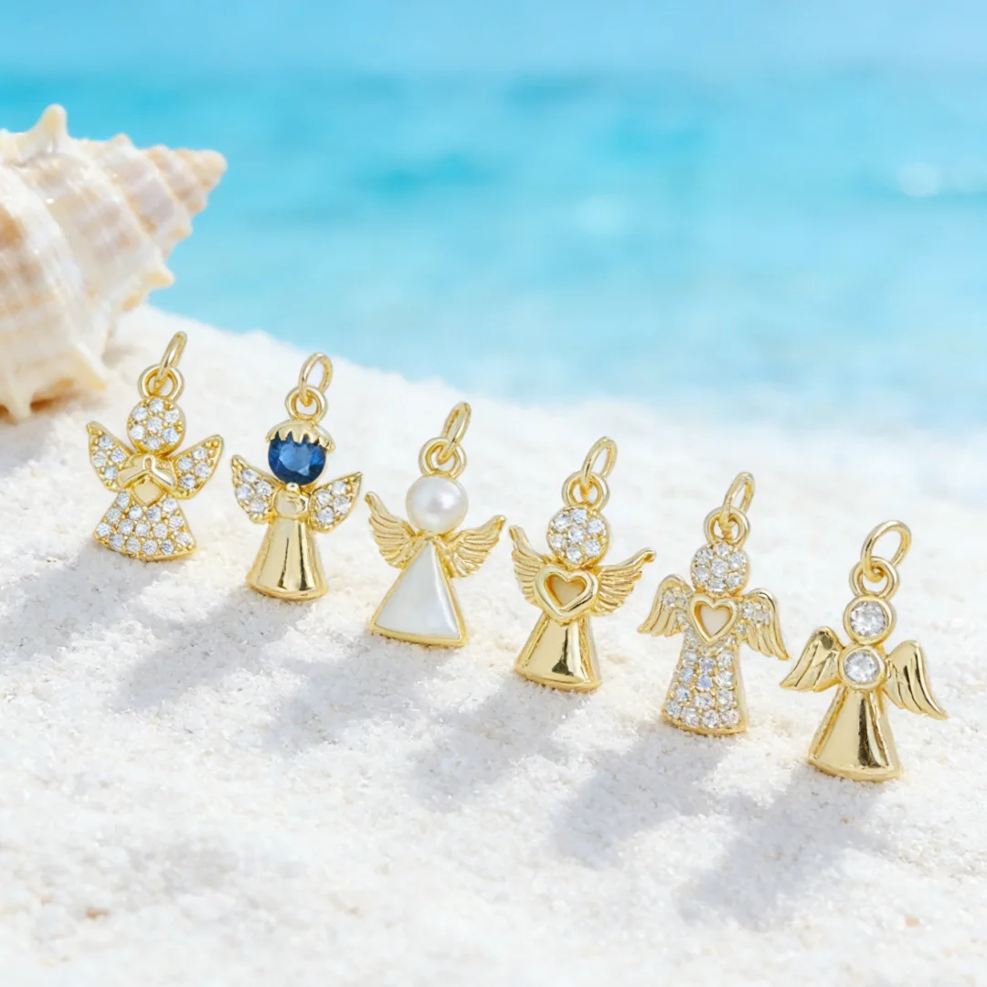 5Pcs Pendants Brass Cubic Zirconia Angel Charms Hollow Bling DIY Jewelry Accessories Necklace Bracelet Making Gift for Men Women