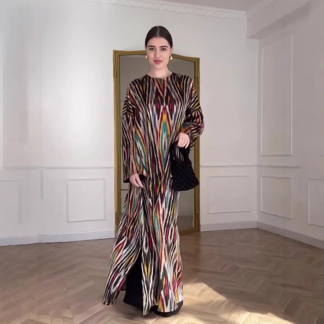 Spring Fall Sun Protection Printed Long Dress Women Urban Casual Loose Round Neck Long-Sleeved Dress European American Style