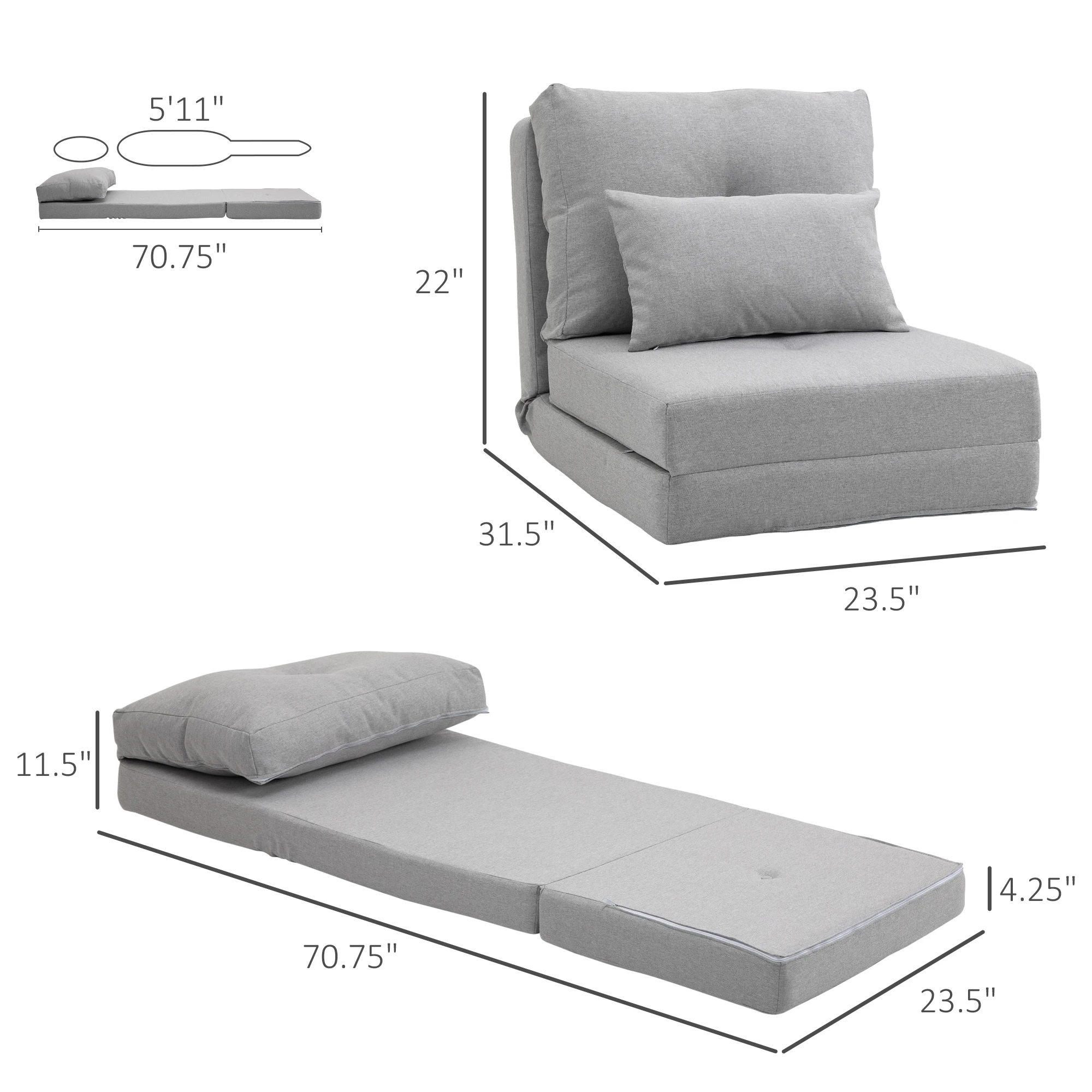 Foldable Floor Sofa Chair Seat W/ Adjustable Backrest & Pillow, Living Room Grey