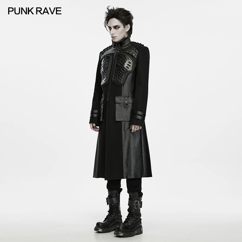 PUNK RAVE Men's Dark Military Symmetrical 3d Thick Woolen Twill Rubberized Faux Leather Punk Jacket Cool Coat
