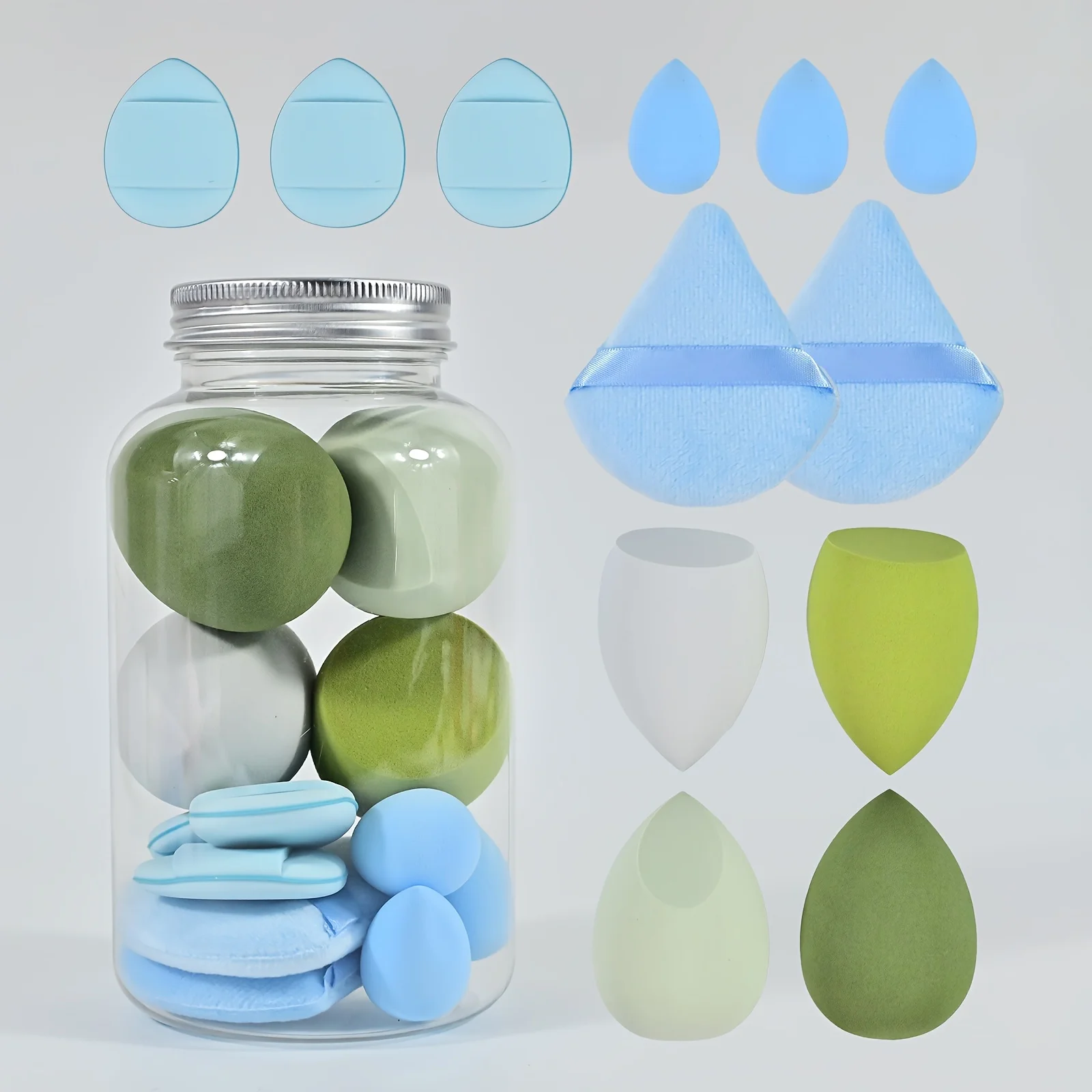 طقم إسفنجة مكياج احترافية مكون من 12 قطعة - 2 مروحة و4 بيض و3 أصابع + 3 خلاطات صغيرة |   كريم أساس ناعم خالٍ من اللاتكس لجميع أنواع البشرة