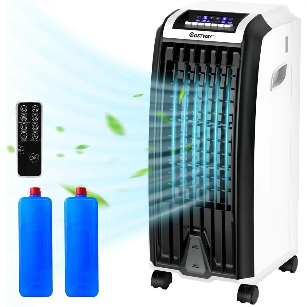 

Портативный охлаждающий вентилятор с пультом дистанционного управления, 3 скорости, таймер на 7,5 часов, контейнеры для ледяных кристаллов, резервуар для воды, колесики, идеально подходит для дома или офиса