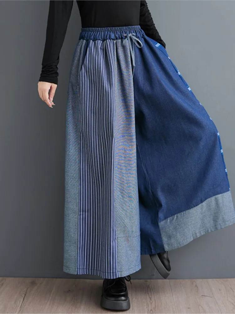 Jeans Striped Plaid Patchwork Pant Women Elastic High Waist Fashion Ladies Trousers Oversized Loose Wide Leg Pleated Woman Pants