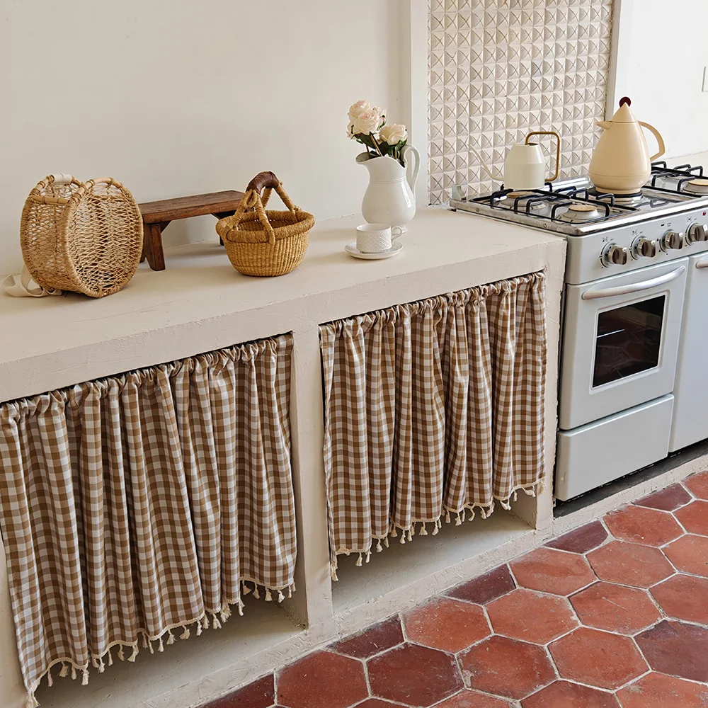 1pc Buffalo Check Kitchen Short Curtains & Window Curtains & Coffee Curtains Without Curtain Rod, Kitchen Half Window Curtains