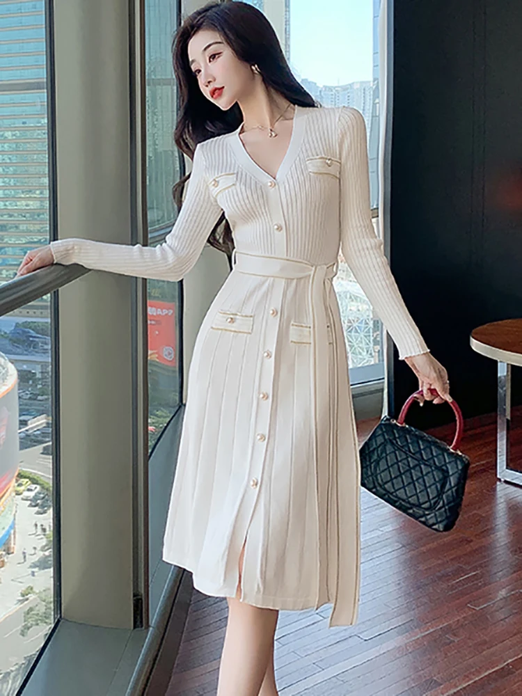 Otoño Invierno blanco de punto de un solo pecho vestido Midi mujeres elegante vendaje ceñido al cuerpo vestido de fiesta 2025 moda coreana vestido Casaul