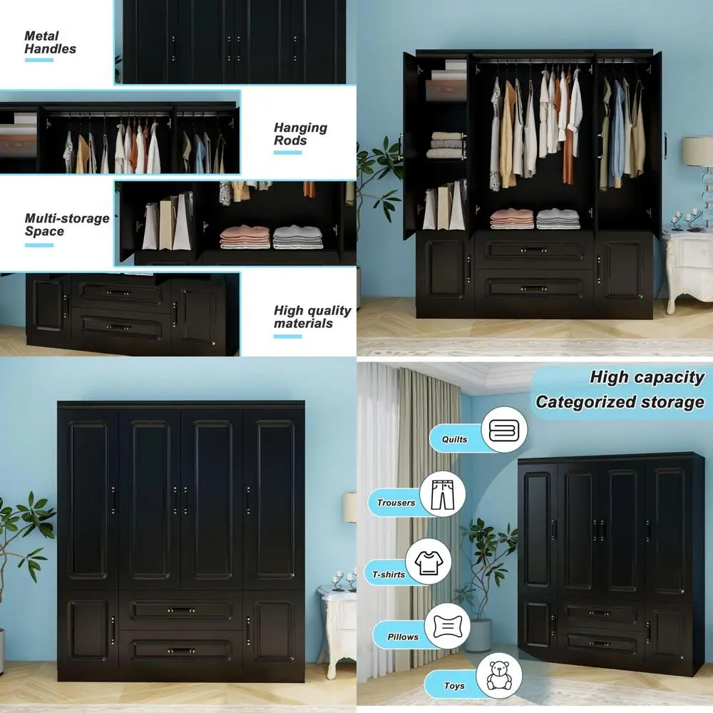 

4-Door Wooden Armoire with 2 Drawers, Hanging Rods & Shelves - Spacious Black Wardrobe Closet for Bedroom