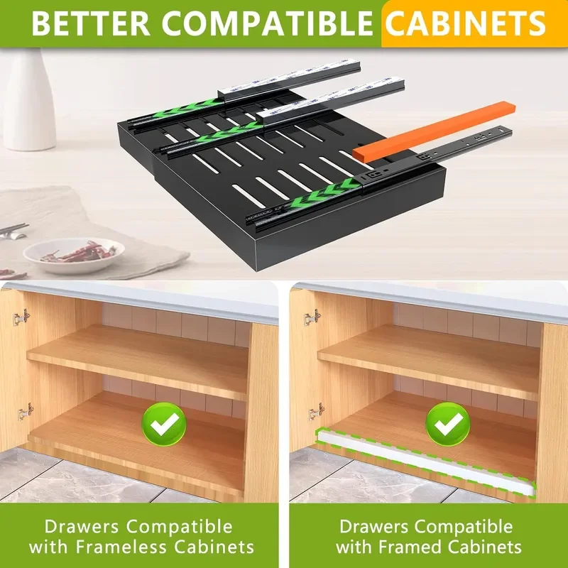 2 Pack Pull Out Cabinet Organizer 21 Inch Deep Slide Out Drawer Organizers No Drill Pull Out Drawers Adhesive with Nano