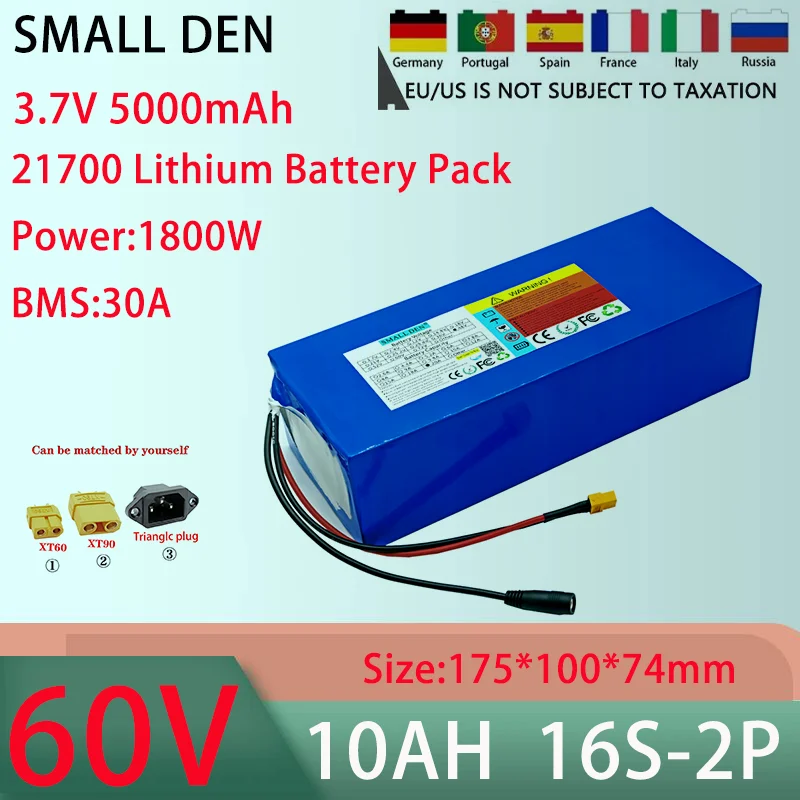 Lithium Battery Pack, 60V, 10AH, 16S2P, 21700, 30A, BMS, 100-1800W, High-Power Rechargeable Battery, 67.2V, 5A Charger, New