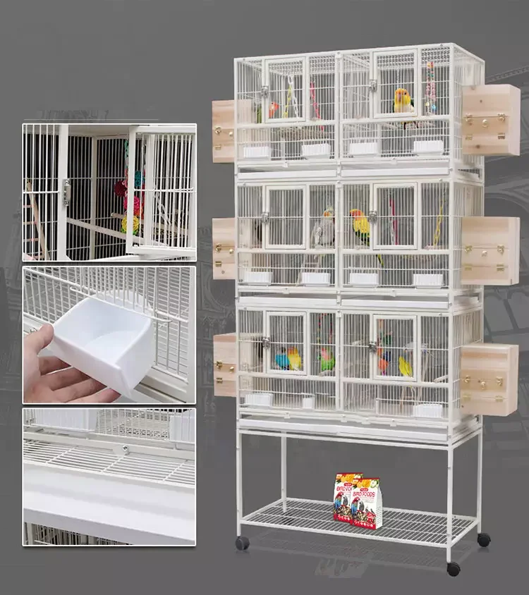 Three Tier Metal Cage With Stand Removable Tray Stainless Steel Food Container Stackable Divided Breeder Bird Pigeon Cage