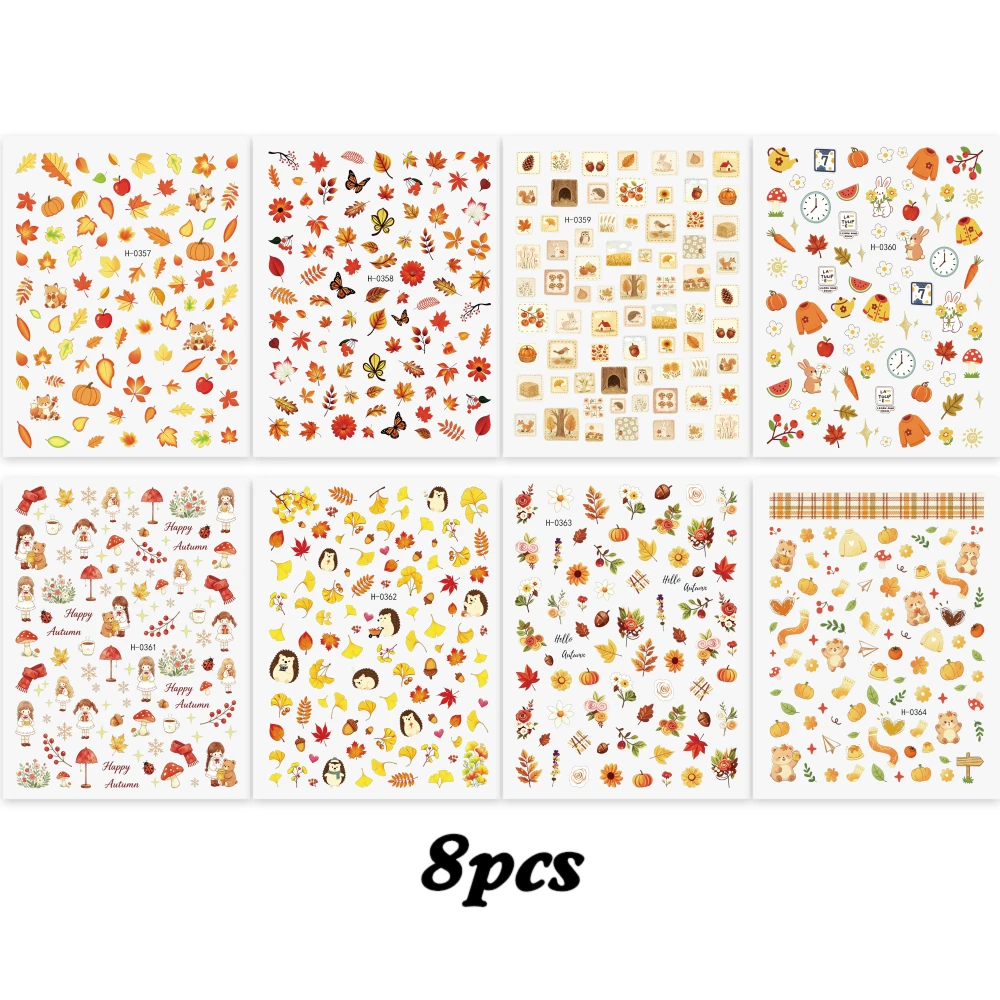 8Pcs Autumn Maple Leaf Animal Nail Stickers 3D Cute Hedgehog Fox Ginkgo Leaf Berries Adhesive Nail Decals DIY Fall Manicure Slid