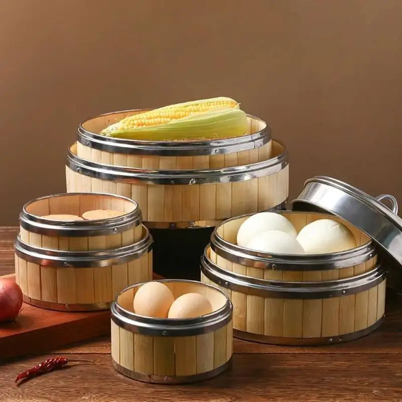 Steel Handle Bao Buns Chinese Woven Bamboo Bamboo Lid Kitchen Gadget Steam Cooker Food Steamer Steamer Basket Bamboo Steamer
