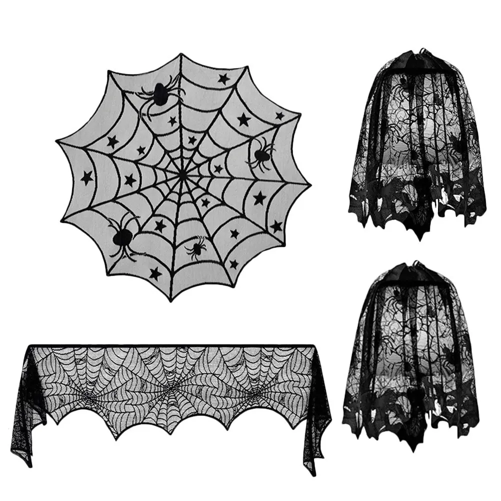 

4Pcs Black Halloween Spider Web Lace Fireplace Cloth Tablecloth Lampshade Set for Halloween Party Decor Spider Web Tablecloth