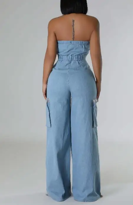 

Jumpsuit Women 2026 New Spring Casual and Fashionable Strapless Sleeveless High Waist Pocket Design Wide Leg Denim Jumpsuit