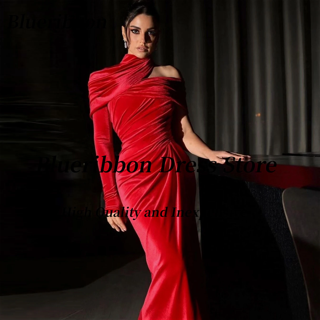 Blueribbon Celebrity Women Ruched Side Slit Evening Dresses High Collar Long Sleeve Prom Dress Zipper Back Formal Party Gowns