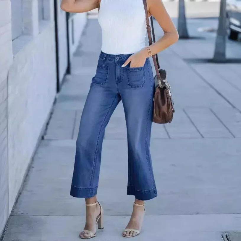 

Wide Leg Pants Women Denim Mom Jeans High Waist Washed Distressed Pockets 2025 Streetwear Vintage Straight Ankle Length Trousers