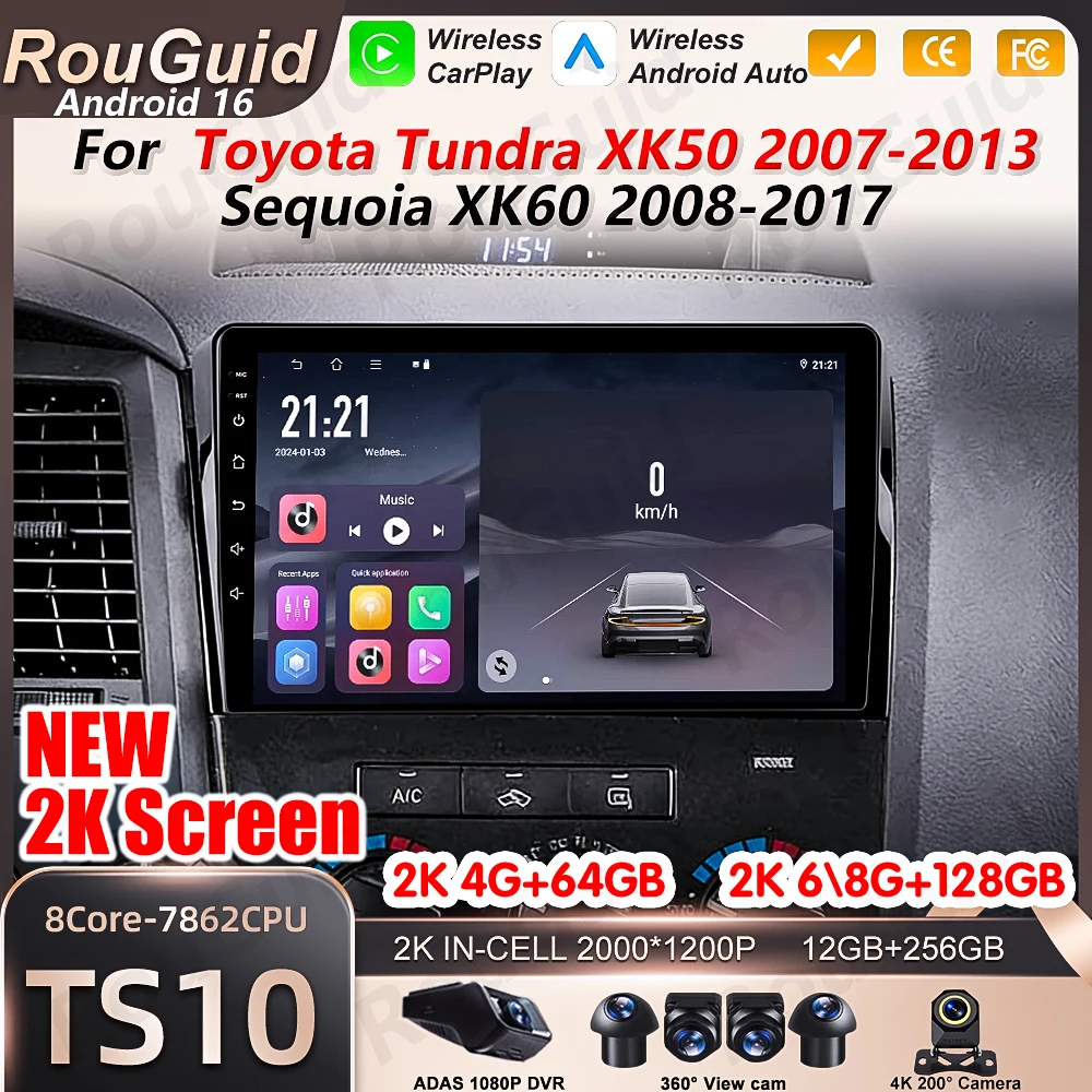 Radio para Auto Android 16 para Toyota Tundra XK50 Sequoia XK60 2007 2008 2009 2010 2011 - 2017 Reproductor Multimedia con Video 2k y Wifi 5G