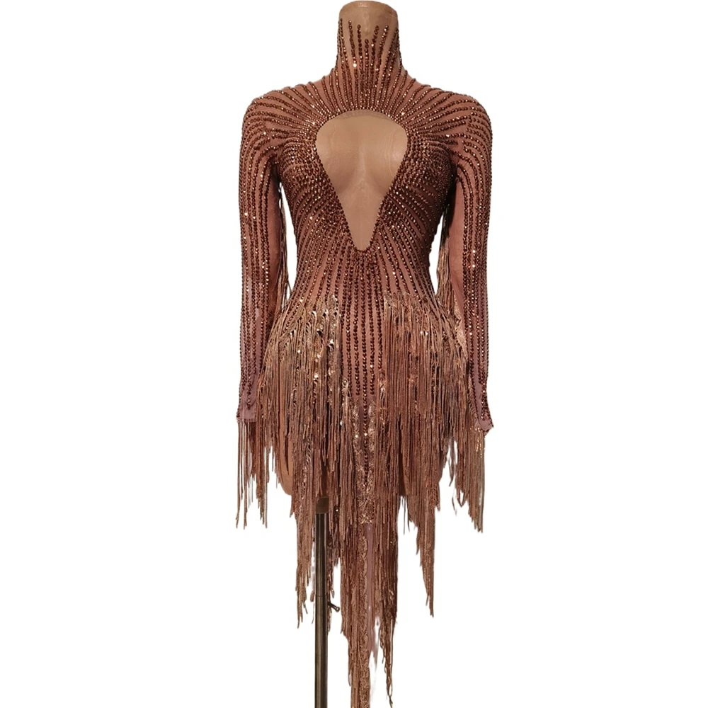 

Блестящие золотые стразы с кисточками, платье для празднования дня рождения для женщин, сексуальный сетчатый прозрачный танцевальный костюм для выступлений, сценическая одежда