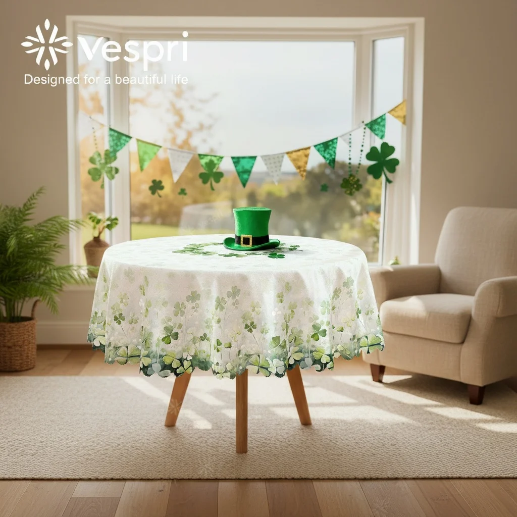 St. Patrick's Day tablecloth, with white and green decorations, featuring green leaves, checks and mushrooms.