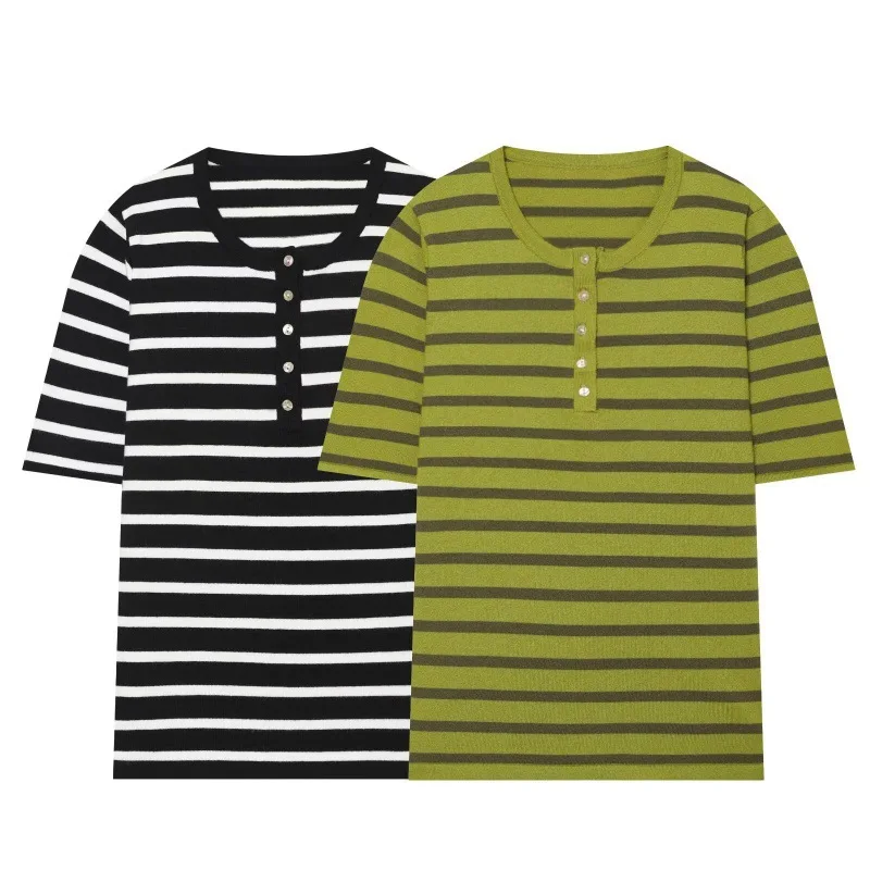 Maxdutti French Southern Minimalist Color Block Striped Commute Round Neck Short Sleeve T-shirt Woman Clothes Female Clothing