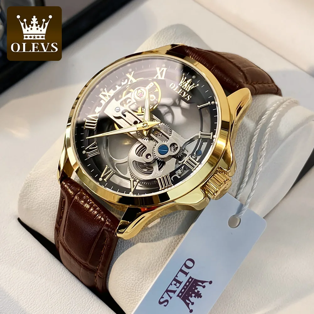 

OLEVS Luxury Men Watch Automatic Mechanical Wristwatches Fully Skeleton Design Waterproof Leather Strap Male Watch Reloj Hombre