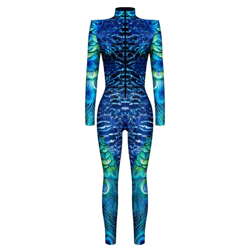 Ladies Snake Pattern Peafowl  3D Jumpsuit Catsuit Fish Scale Sexy Women Cosplay Costumes Zentai Female Halloween Party Bodysuit