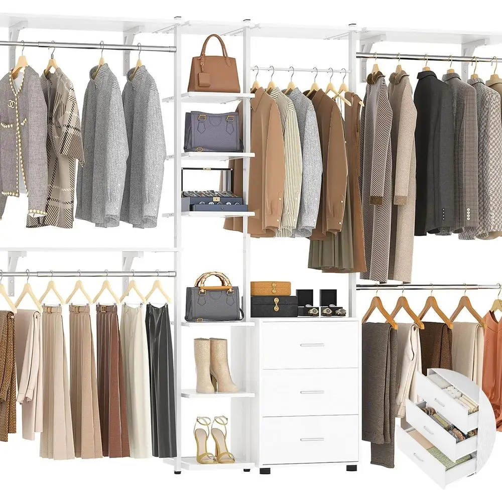 

96'' Heavy Duty Metal Walk-in Closet Organizer with 5 Hanging Rods and Shelves - White