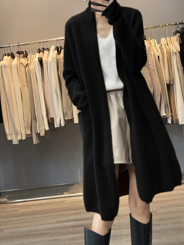 100% Merino Wool Spring Autumn Women\'s Cardigan Long Sleeve Sweater Solid Color Loose Warm Knitwear Fashion Female Long Coat