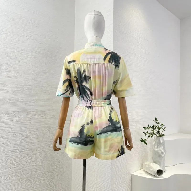 Ladies' Daily Yellow Short Sleeve Coconut Palm Sunset Print Blouse Tops and Yellow Coconut Palm Sunset Print Shorts Sets