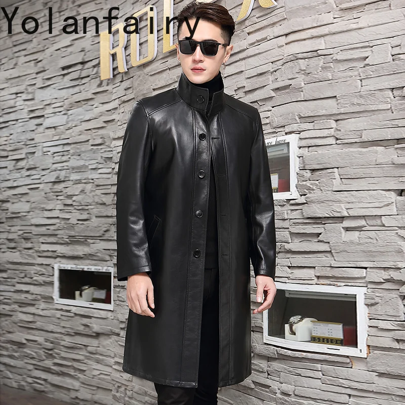 YOLANFAIRY موضة جديدة 2025 جلد الغنم الحقيقي خندق معطف الوقوف طوق سترة جلدية حقيقية رجل منتصف طول الشارع الشهير