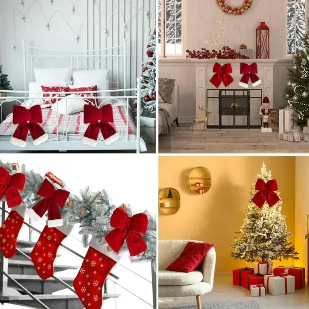 

Christmas Bow Decoration DIY Xmas Trees Pendant Velvet Red Bow Knot Baubles Hanging Ornaments for Holiday Home Party Decorations