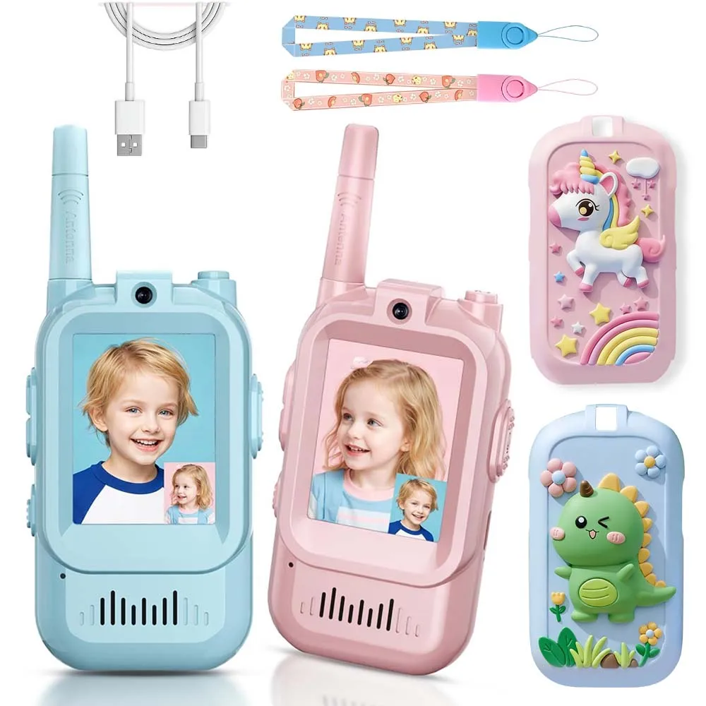 2PCS Facetime Video Walkie Talkies for Kids Long Range Rechargeable Girls Boys Toddler Gifts with Ages 3-12 Toy