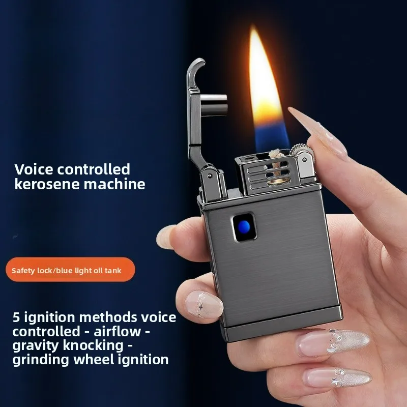 Voice Control Ignition Windproof Kerosine Lighter Fingerprint Unlocking Removable Oil Tank Wheel ignition USB Electric Lighters