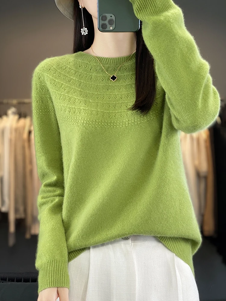 Women's Autumn Clothing O-Neck Hollow Out Pullover Sweater 100% Merino Wool Basic Casual Long Sleeve Cashmere Knitwear Tops 2024