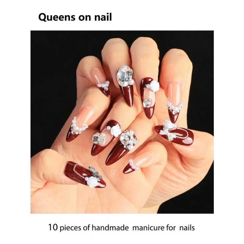 

10 Pieces Handmade Fake Nails,Ballet Style Fake Nails/Color Block/3D Rose Decoration/Bows/Butterflies/Oversized Diamonds