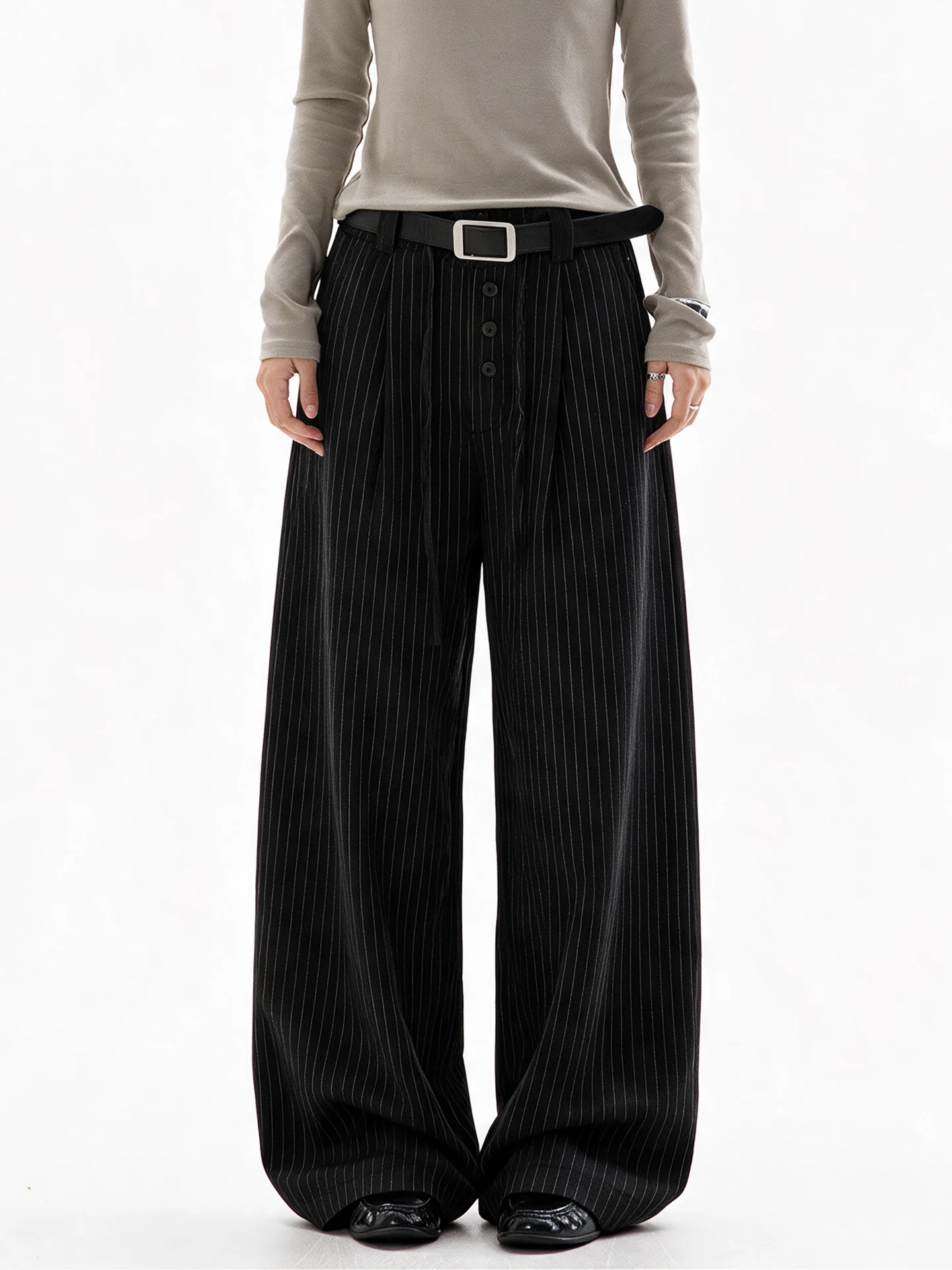 Aaisup Black Striped Wide Leg Pants Women's Spring Autumn Drawstring Casual Trousers Slimming Silhouette Polyester Fiber