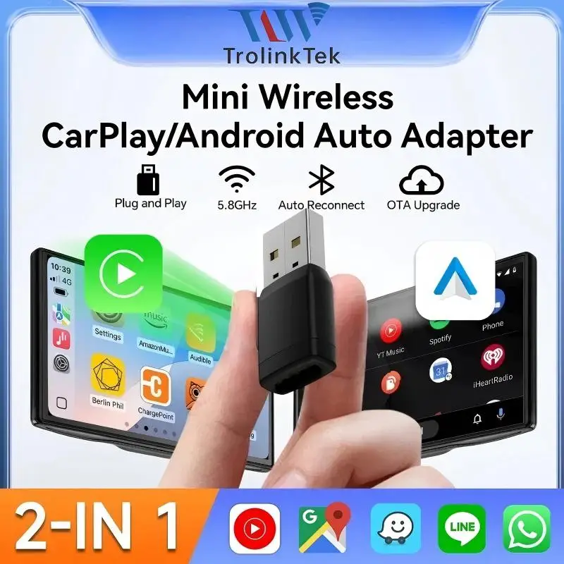 Wireless CarPlay Android Auto 2IN1 Type-C USB Wired to Wireless CarPlay Android Auto Adapter Bluetooth for VW Audi Volvo Toyota