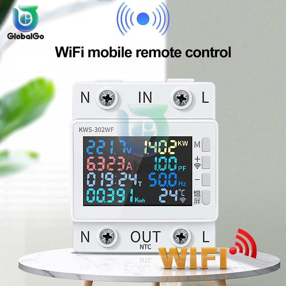 AC170-300V WIFI Din Rail Smart Digital Energy Meter Tester Electricity Usage Monitor Power Voltmeter Voltage Amps Watt Kwh Meter