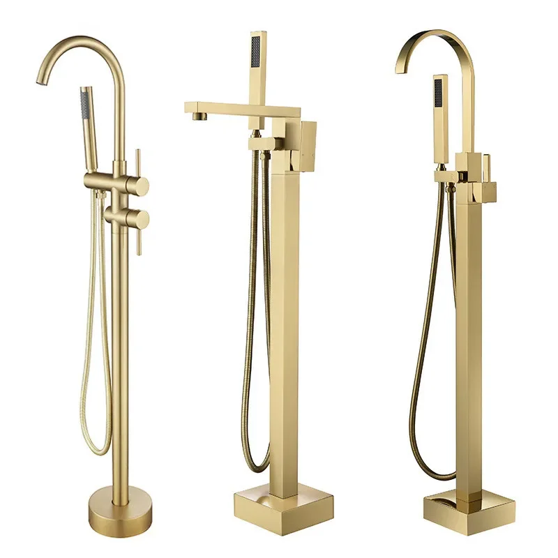 

Bathroom Bathtub Faucet + Handheld Shower Free Standing Brushed Gold Luxury Mixer Taps Floor Mounted