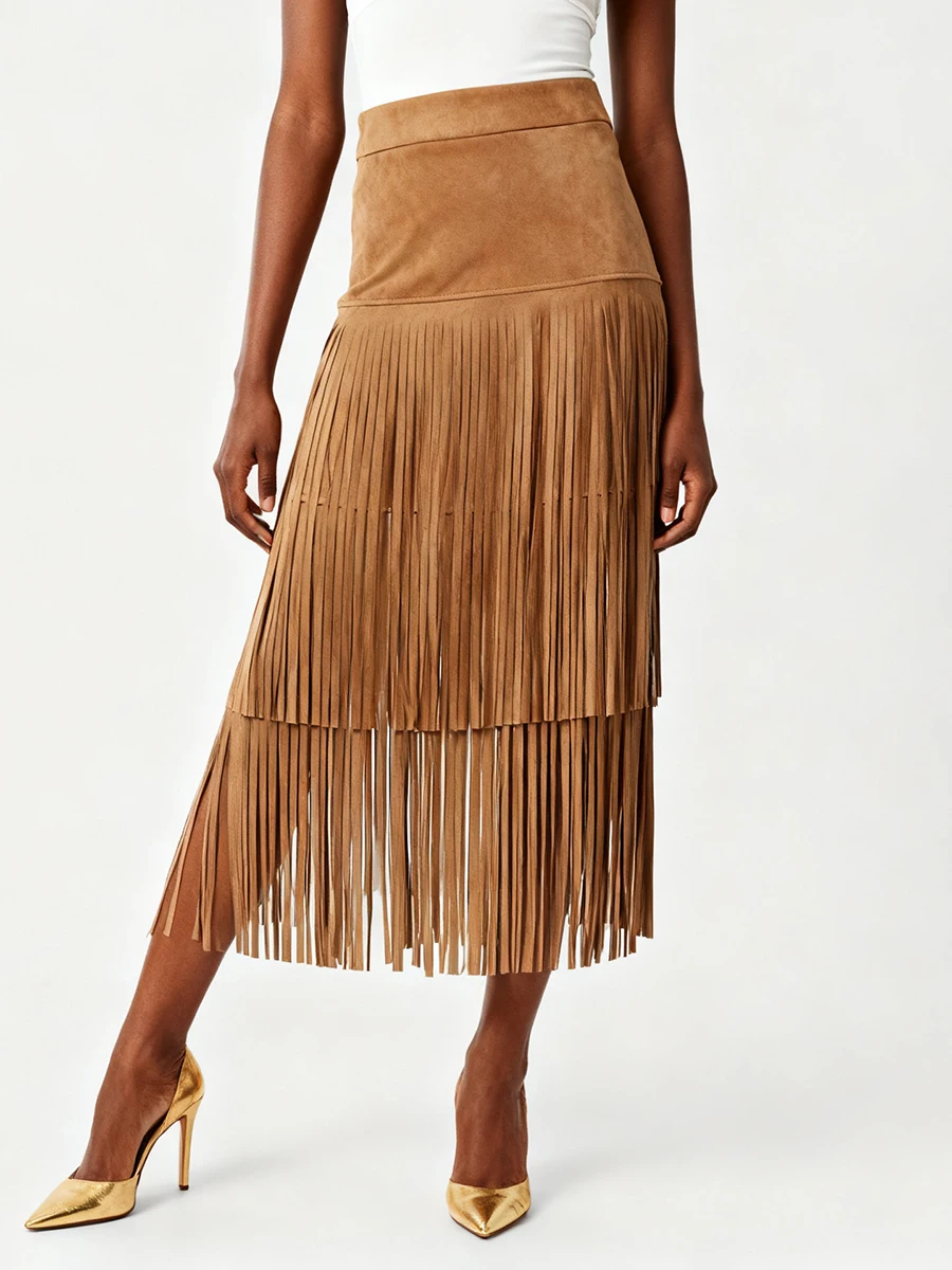 VGH Rok Panjang Gaya Denim Solid Chic dengan Rumbai untuk Wanita Pinggang Tinggi Musim Gugur Rok Pesta Temperamen Fashion Wanita Baru